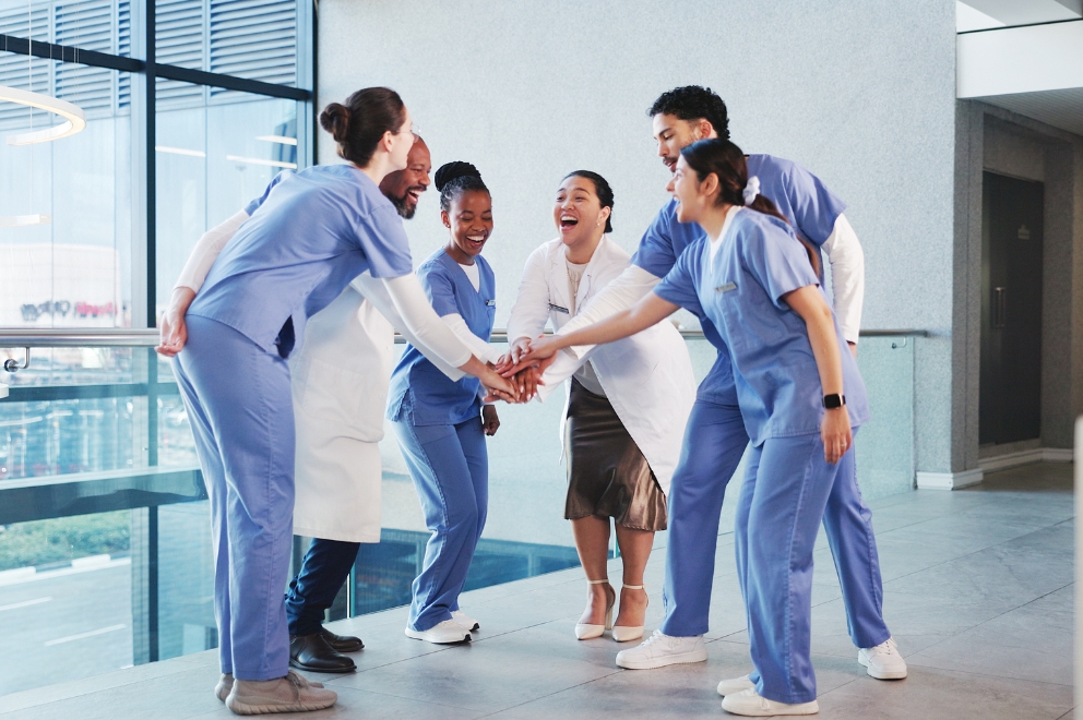 Group of healthcare professionals in hospital building